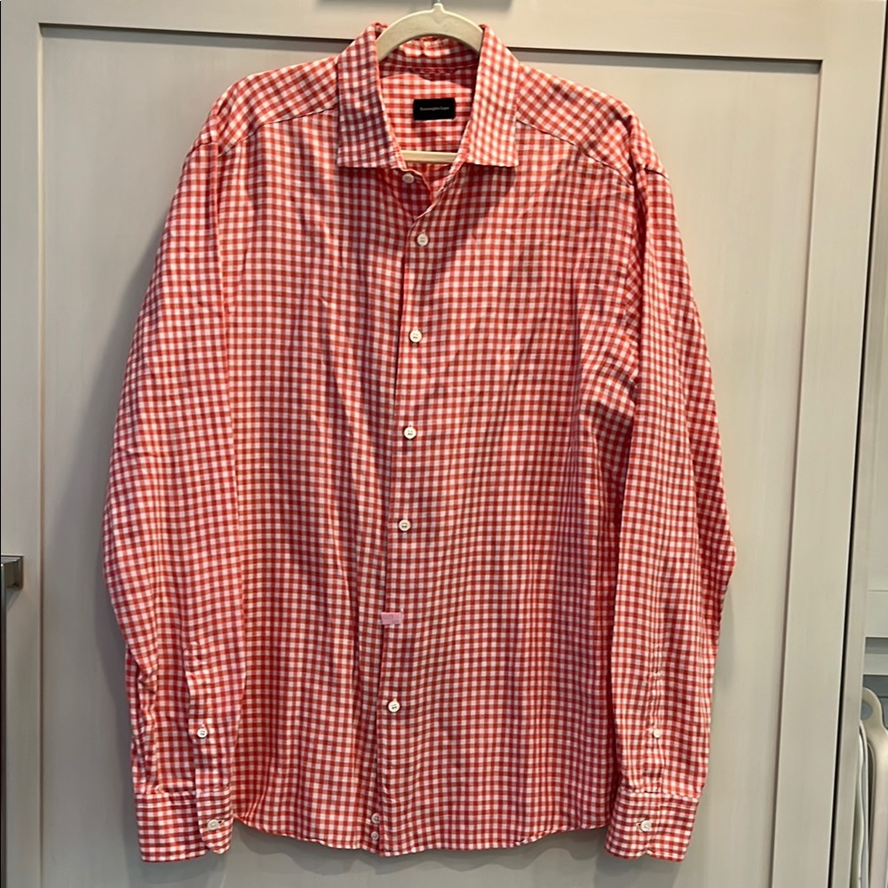 EUC Ermenegildo Zegna linen blend red and white checked casual button down shirt
